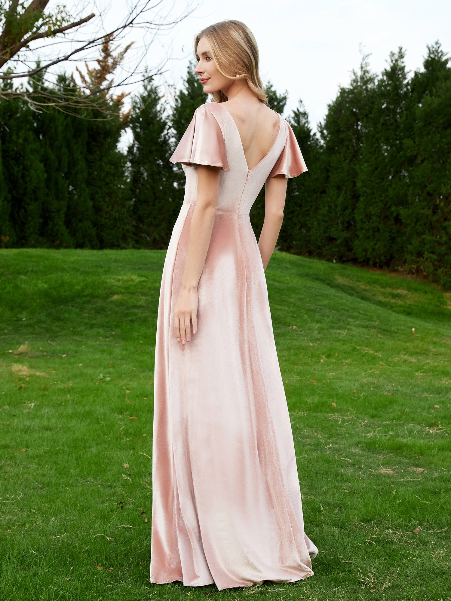 V Neck Flutter Sleeves Velvet Dress with Slit Pearl Pink
